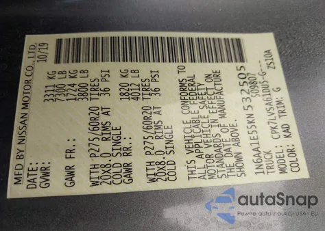 2019 Nissan Titan Sl из США, поврежденный, VIN 1N6AA1E55KN532505